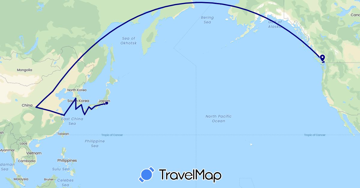 TravelMap itinerary: driving in Canada, China, Japan, South Korea (Asia, North America)